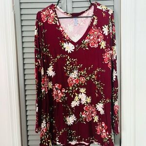 2 pack Women's Burgundy Floral and Black V-Neck Long Sleeve Top